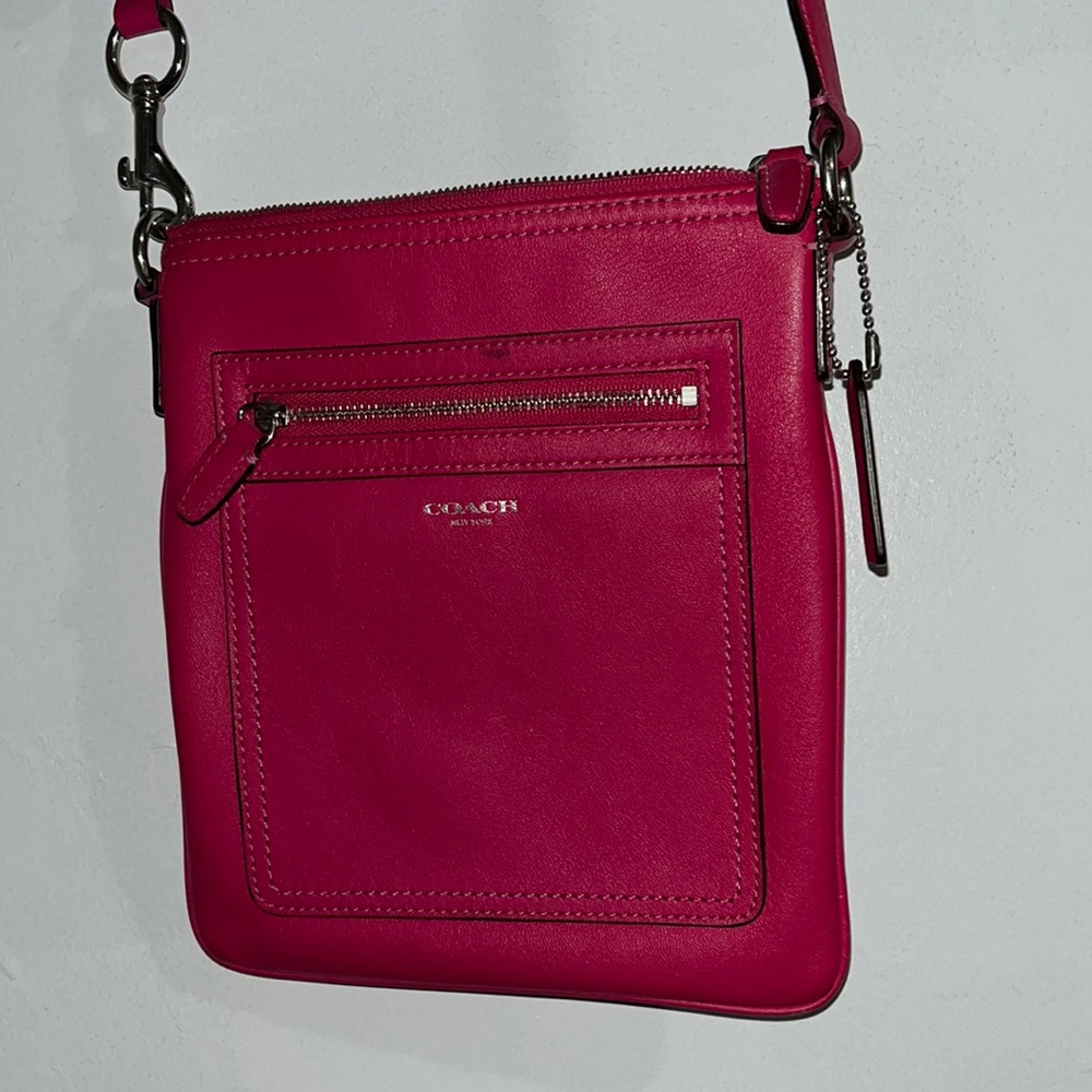hot pink leather coach long strap shoulder bag 2 pocket purse